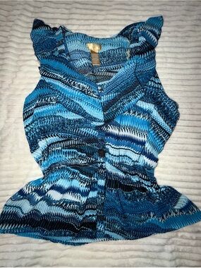 Vintage Y2K Miss Tina Blue Geometric Ruffle Top - XL